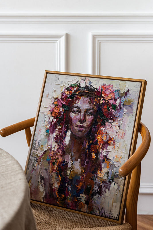 a painting of a woman with flowers on her head