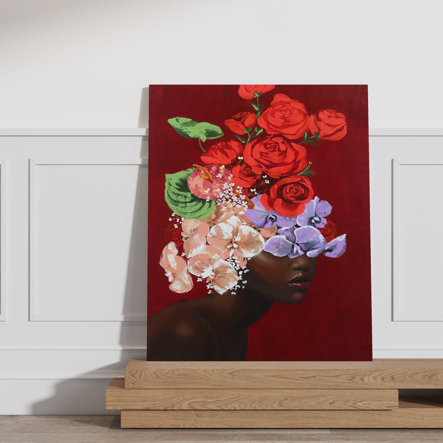 African Woman Covered With Flowers Canvas, Flower Head Woman, Colorful Flowers,  African Woman