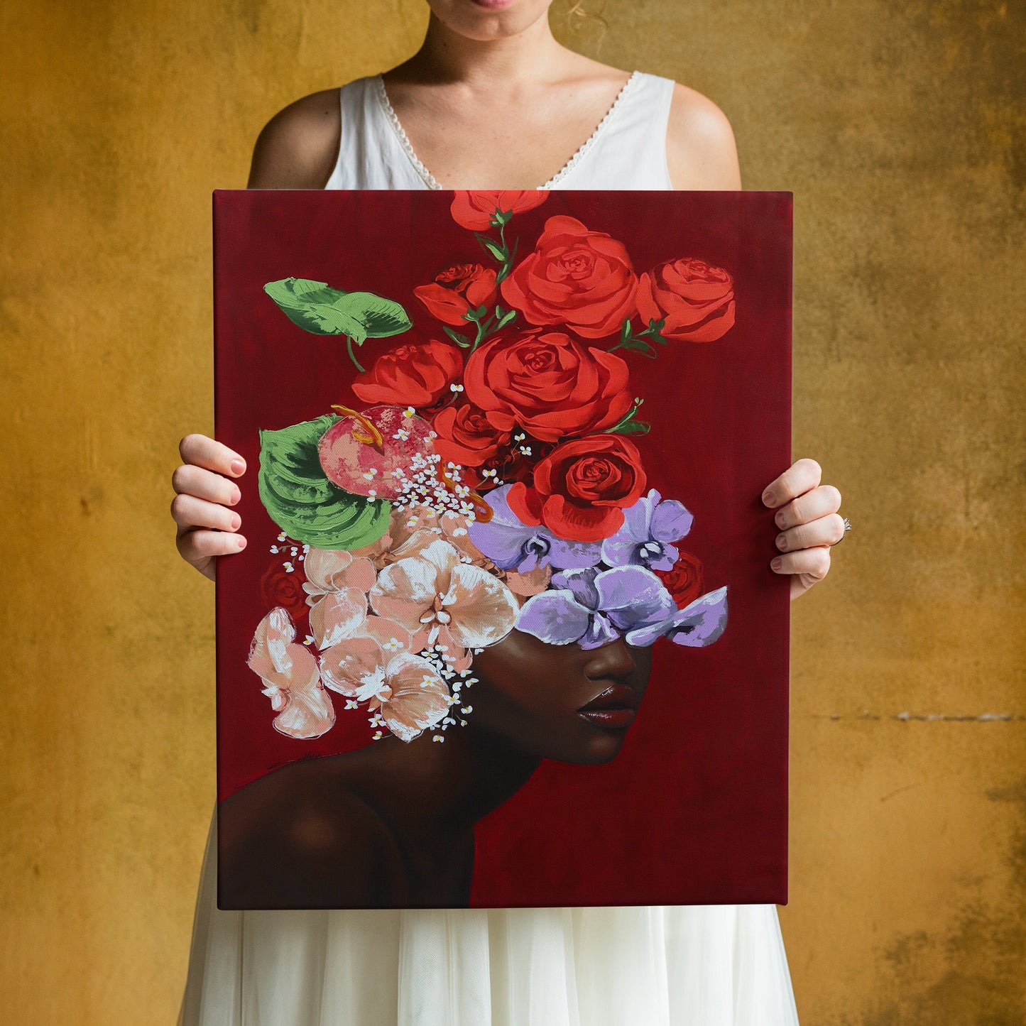 African Woman Covered With Flowers Canvas, Flower Head Woman, Colorful Flowers,  African Woman