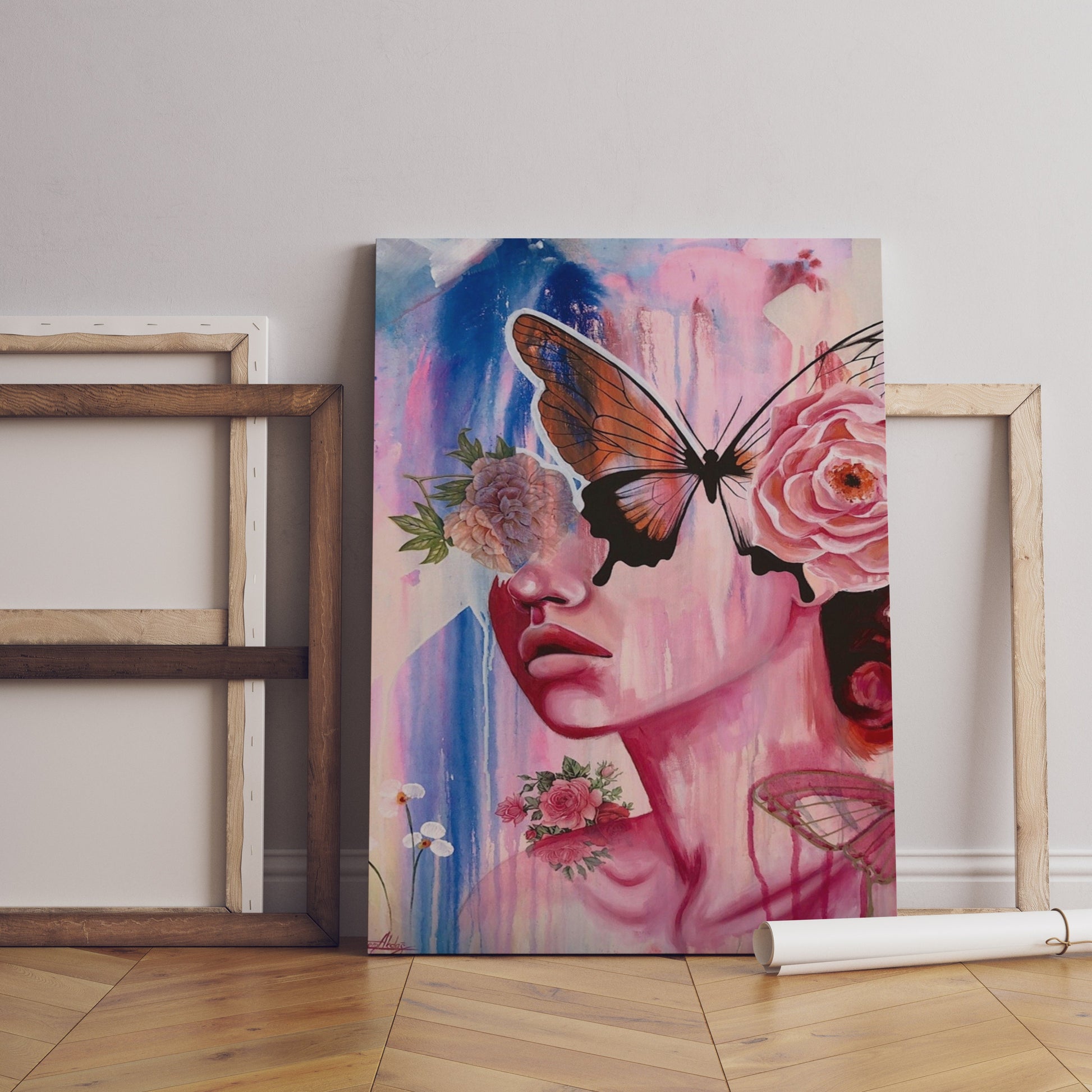 a painting of a woman with a butterfly on her head