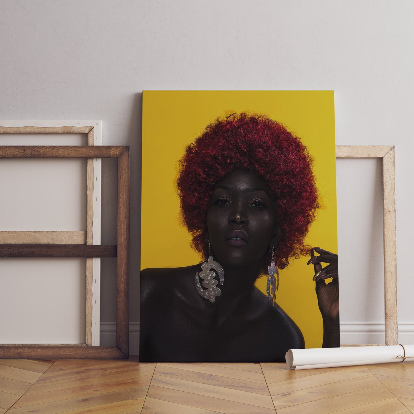 African Woman with Red Hair on Yellow Background Canvas, African Woman Wall Art Canvas, Big Earring, Canvas Print, Minimalist Home Decor