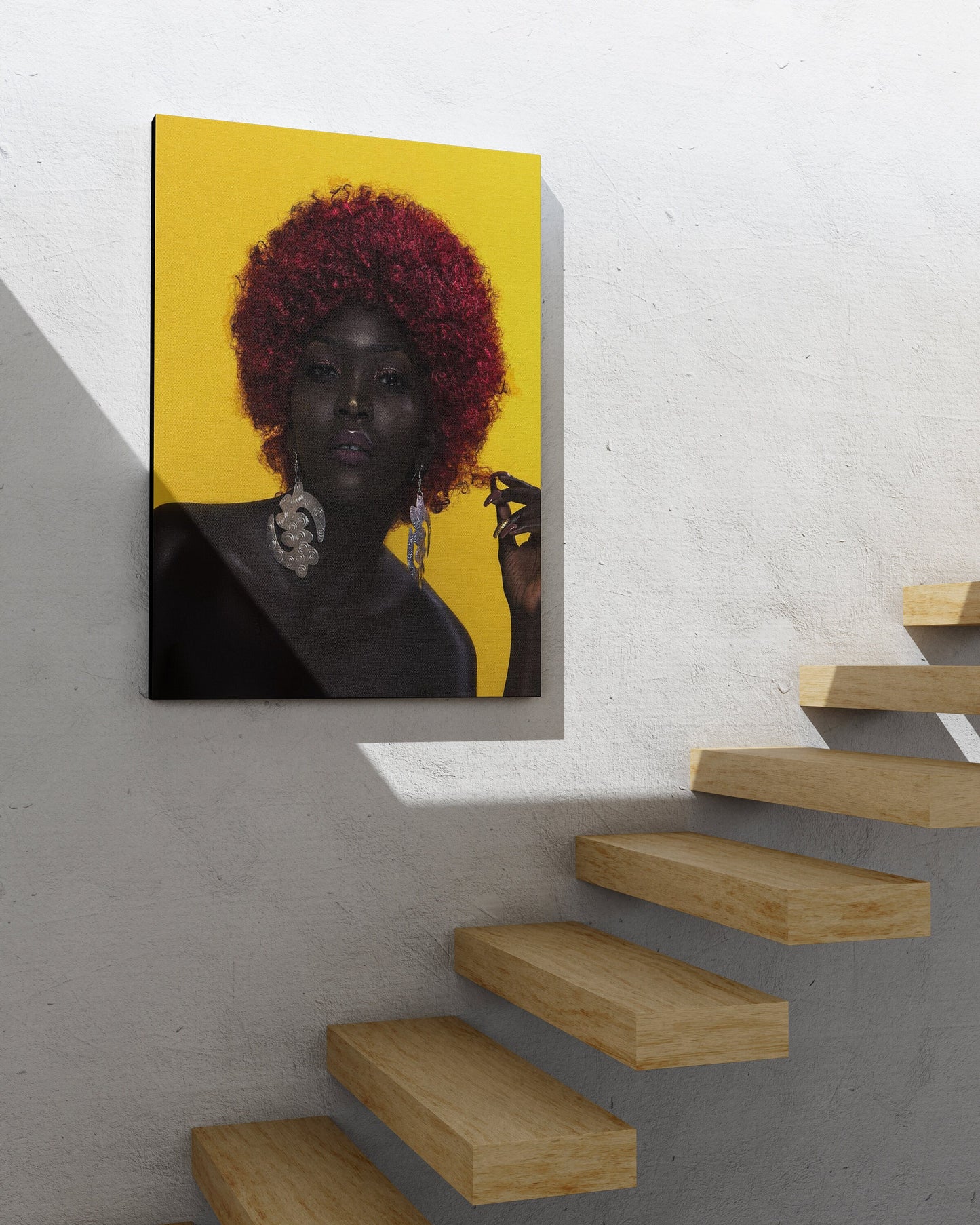 African Woman with Red Hair on Yellow Background Canvas, African Woman Wall Art Canvas, Big Earring, Canvas Print, Minimalist Home Decor