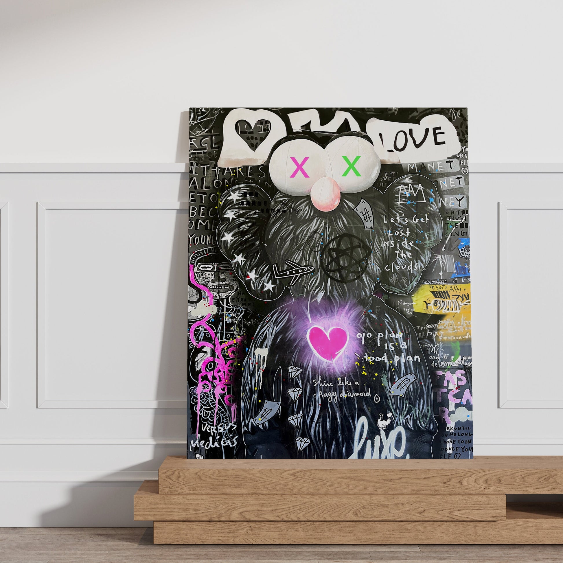 a painting of a dog with a heart on it