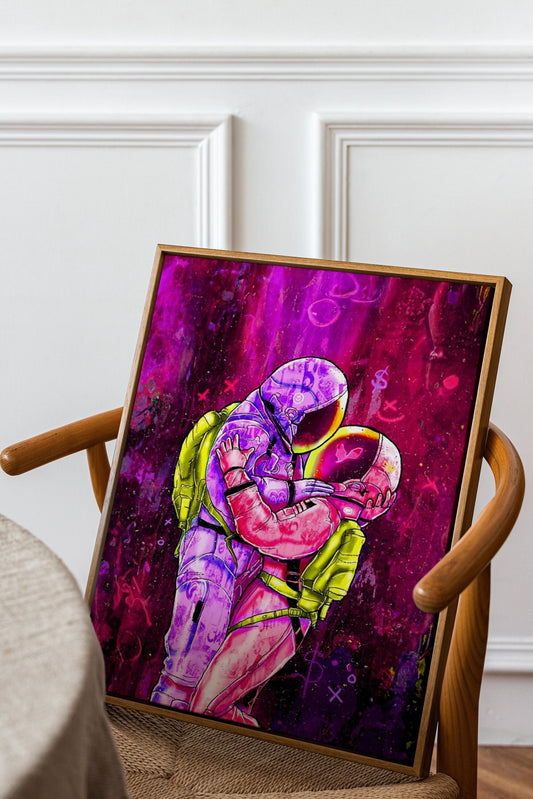 a painting of a person hugging in a chair