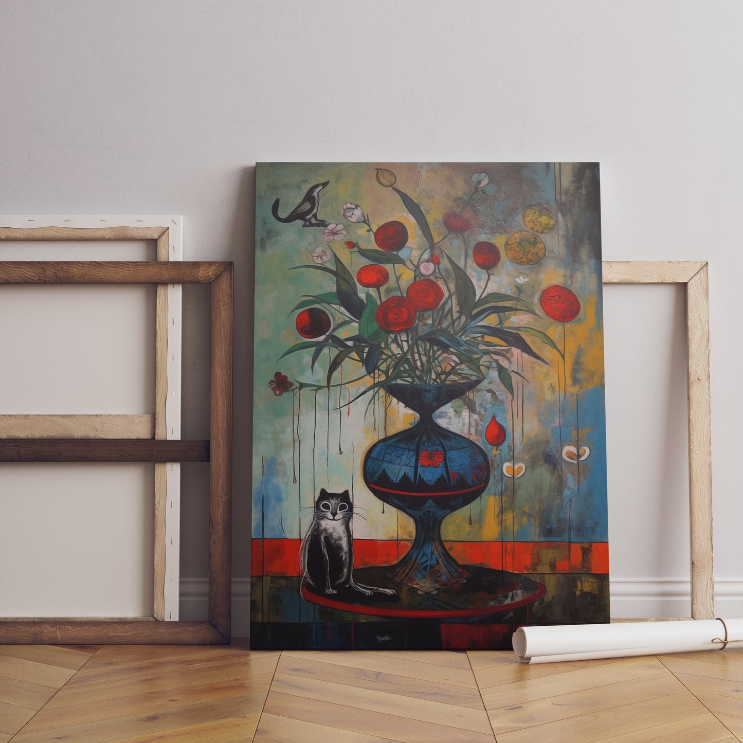 a painting of a vase with flowers and a cat