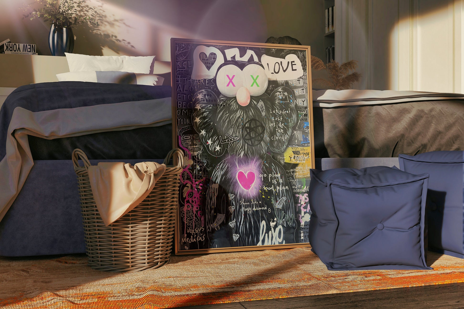 a bed room with a bed a basket and a picture
