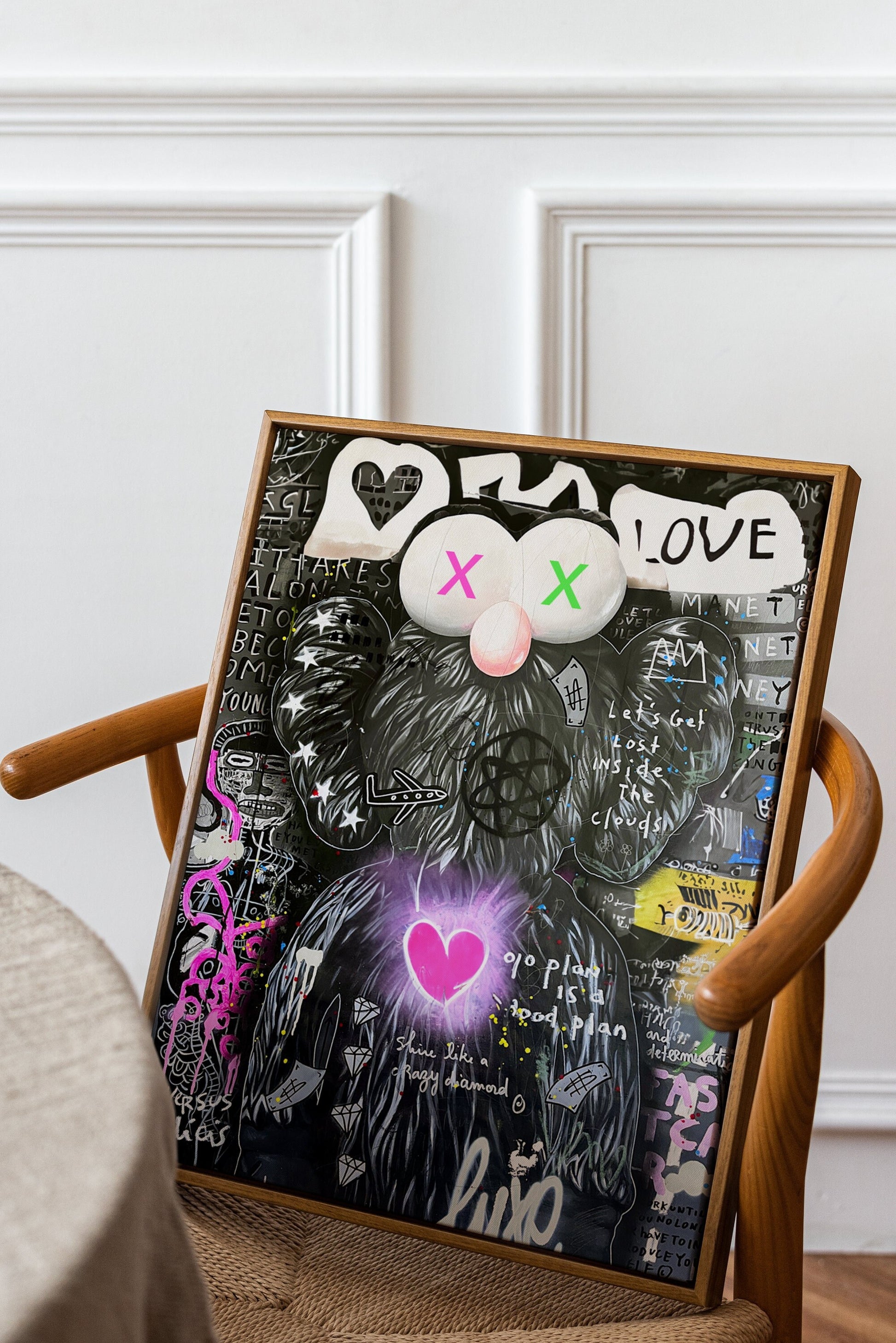 a chair with a picture of a bear on it