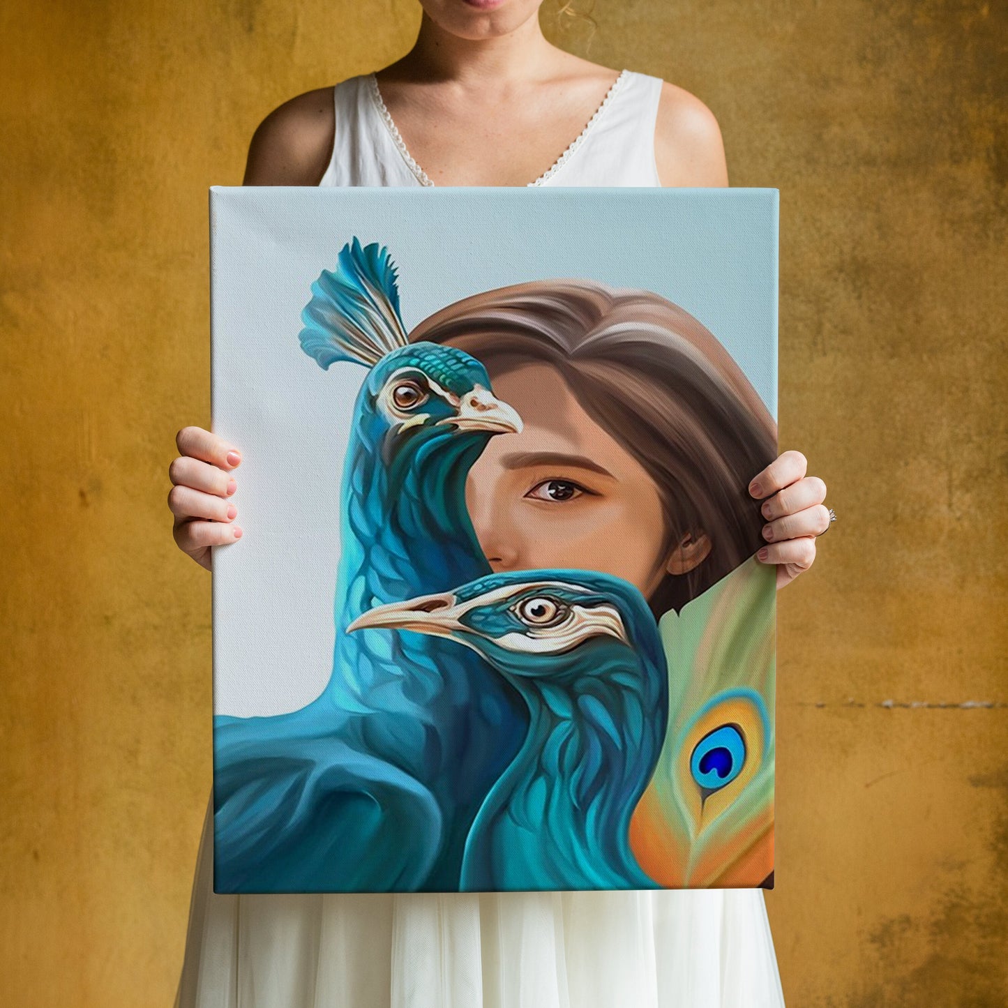 3d Effect Canvas Art, Illustration Canvas Print, Beautiful Girl And Peacocks, Fashion Canvas Print, Peacocks Canvas Art, Women Canvas Art