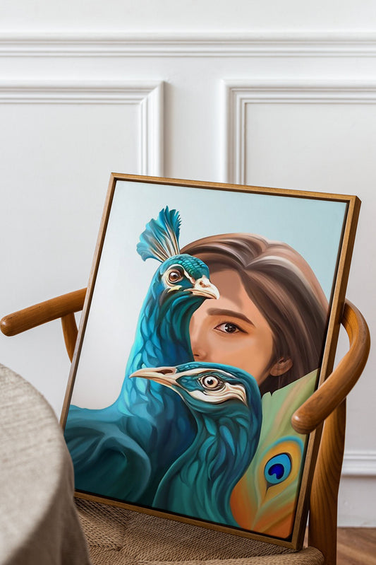 a painting of a woman and a peacock on a chair