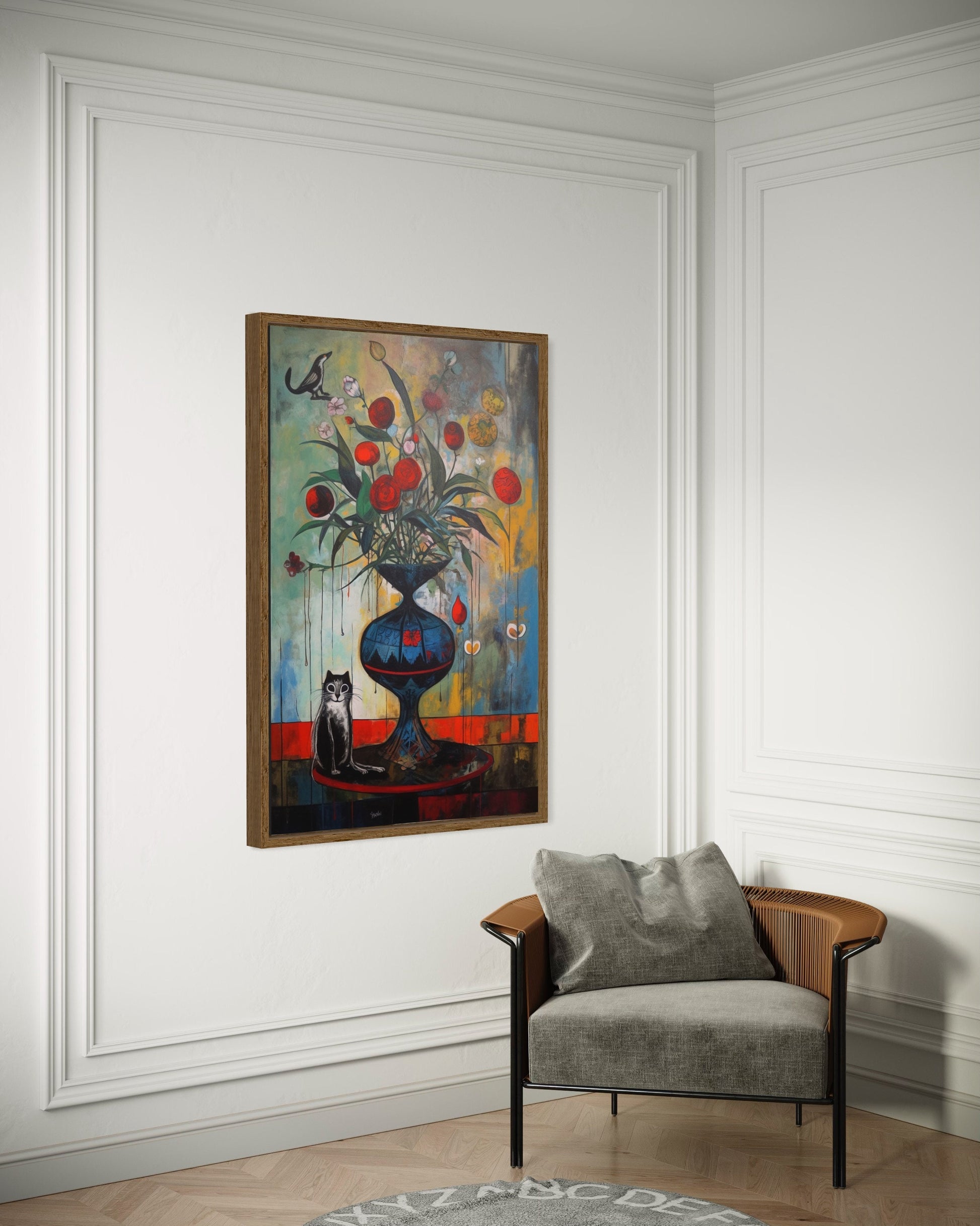 a painting hanging on a wall next to a chair