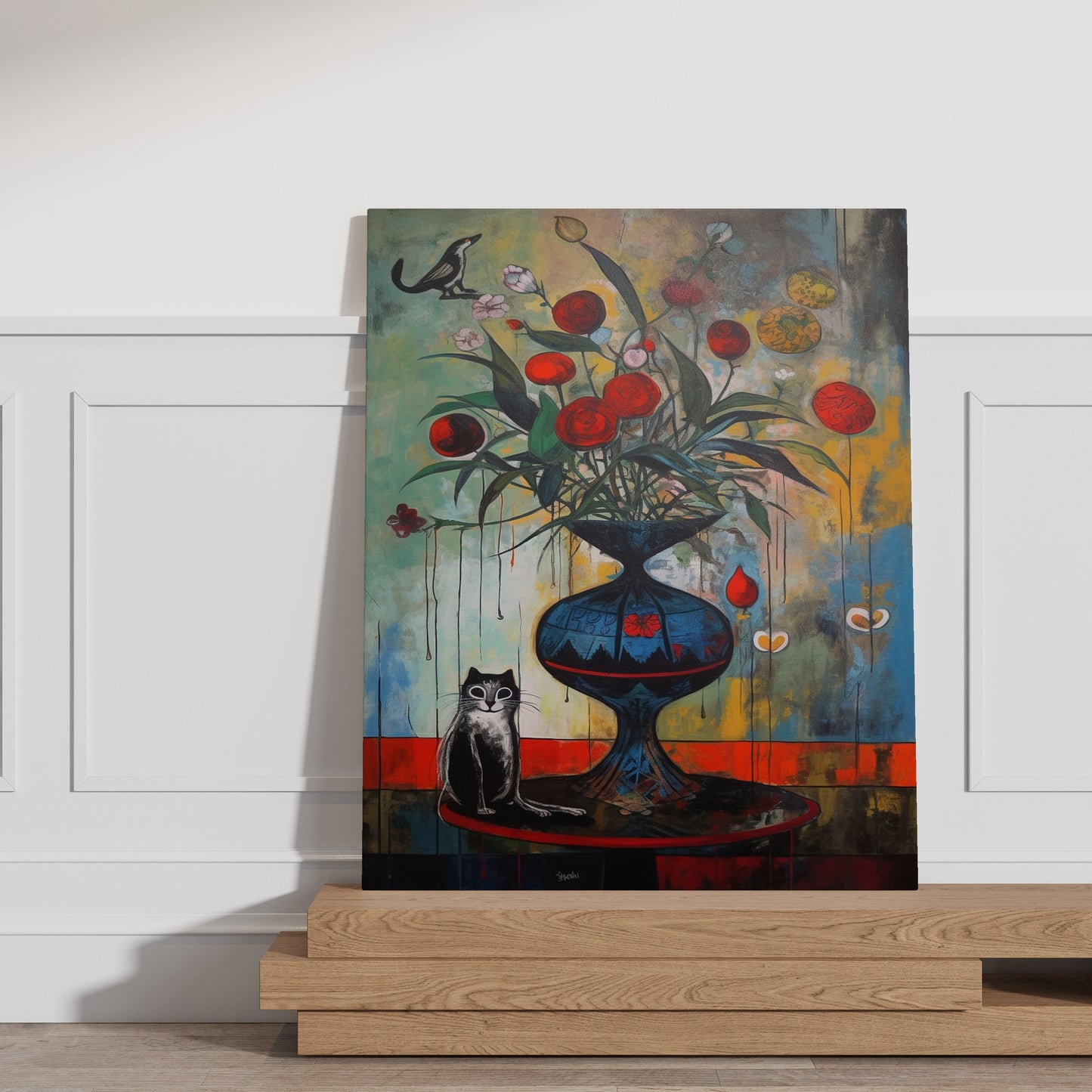 a painting of a vase with flowers and a cat