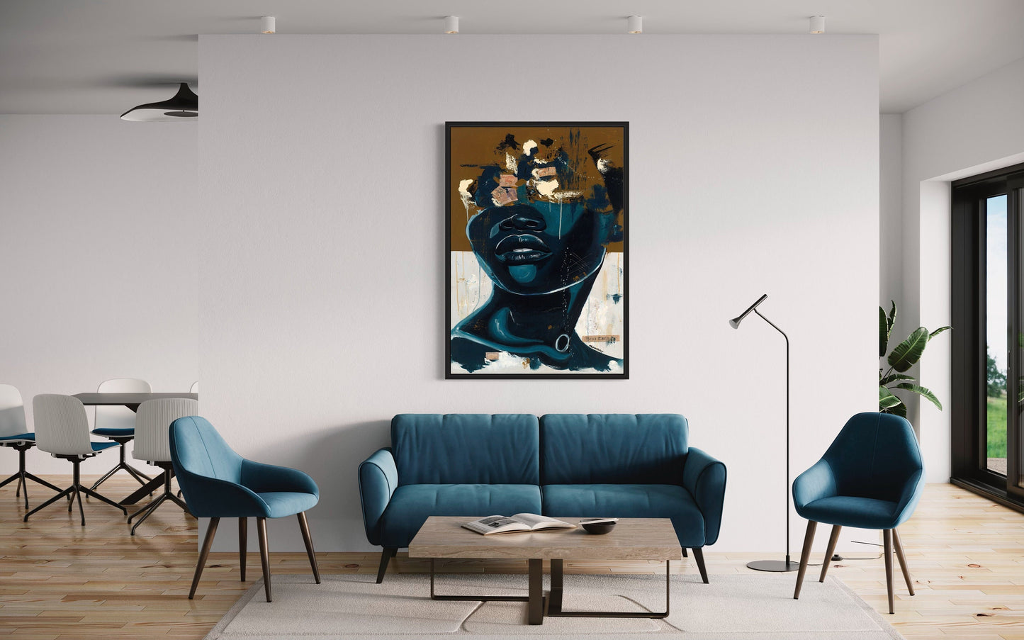 a living room filled with furniture and a painting on the wall