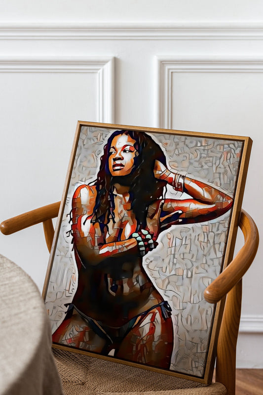 a painting of a woman is on a chair