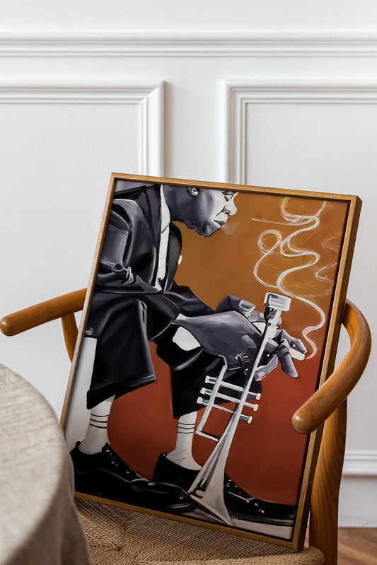 a painting of a man sitting on a chair