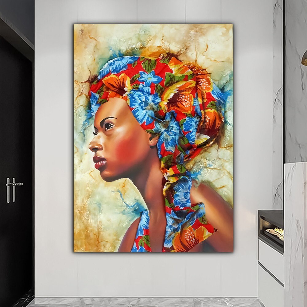 a painting of a woman wearing a colorful head scarf