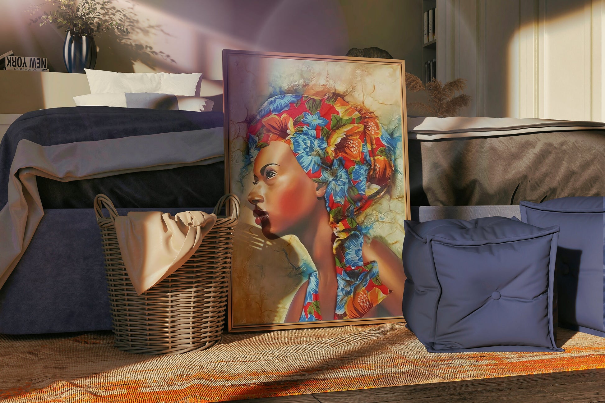 a painting of a woman&#39;s head is displayed next to a basket