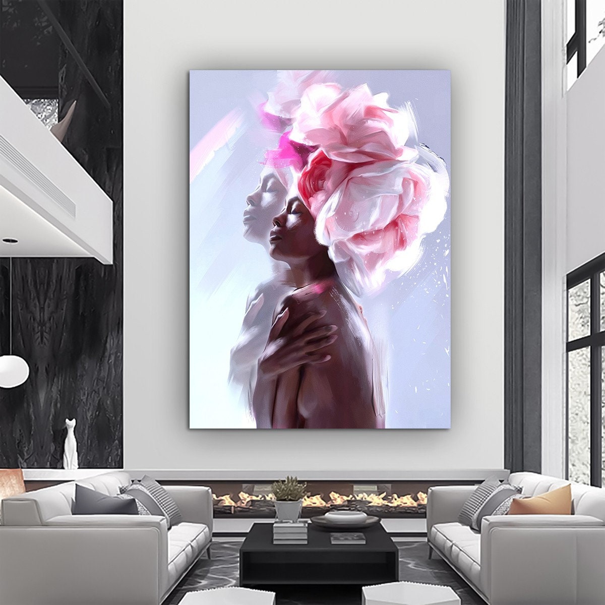 African Woman Canvas Painting, Black Woman Canvas Print, African Woman Painting With Ethnic Woman Art, Rose Head Woman, Flower Canvas