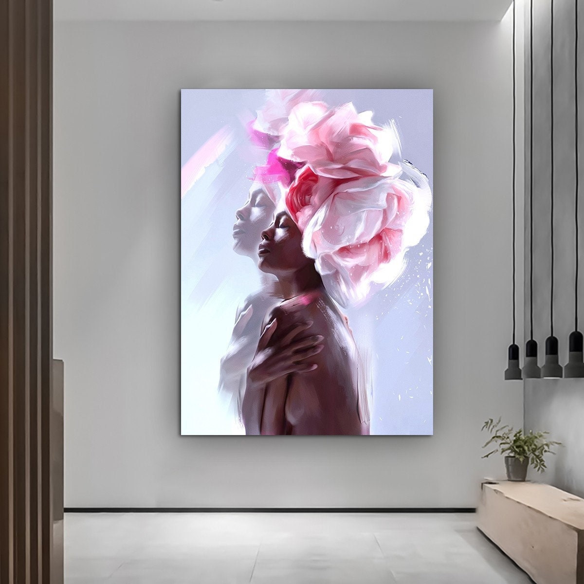 African Woman Canvas Painting, Black Woman Canvas Print, African Woman Painting With Ethnic Woman Art, Rose Head Woman, Flower Canvas