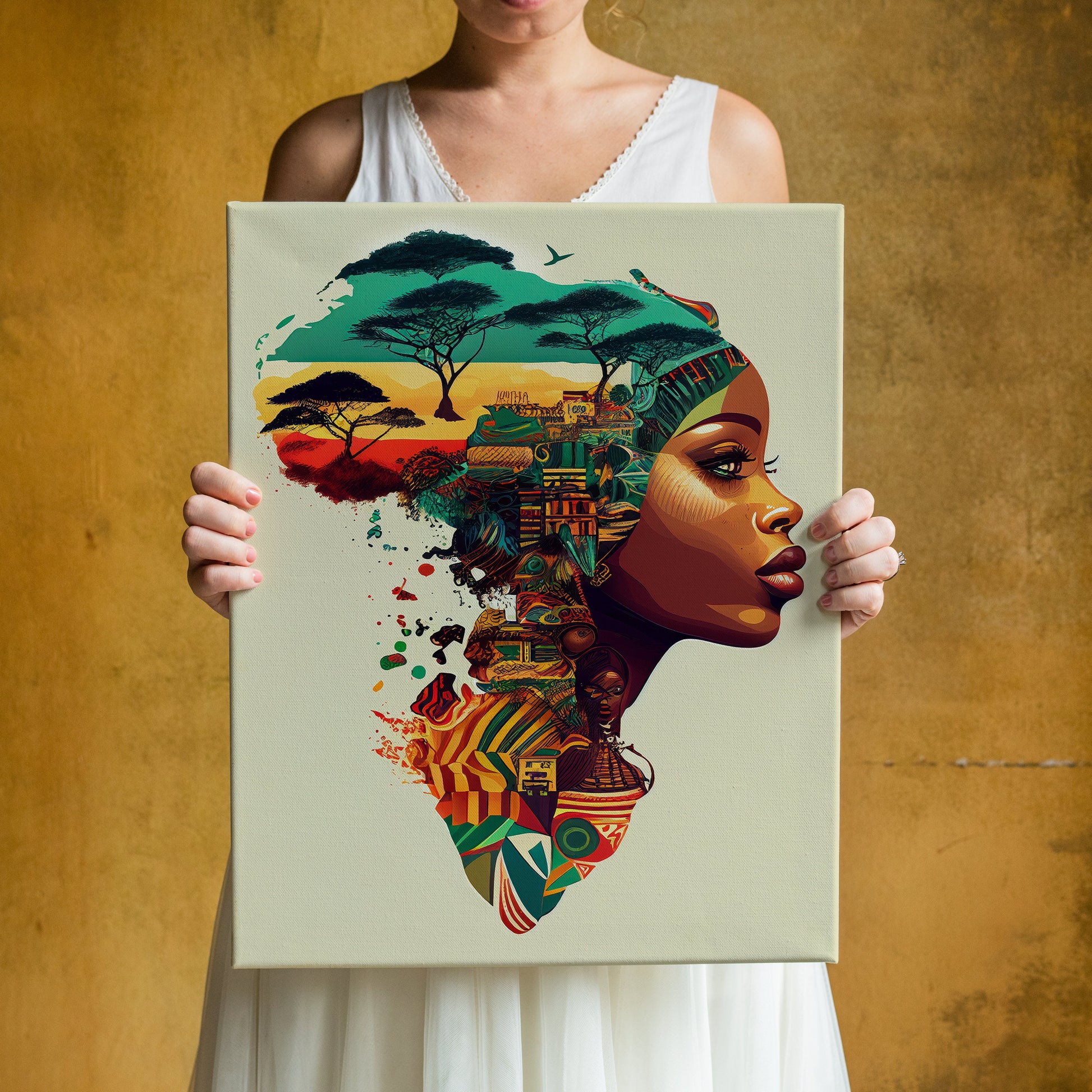 a woman holding up a picture of a woman with a tree on her head