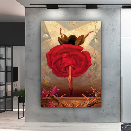 Abstract Rose Pattern Ballerina Canvas Wall Art, Surreal Art Print, Abstract Surrealism Decor, Ballerina Canvas, Woman Decor