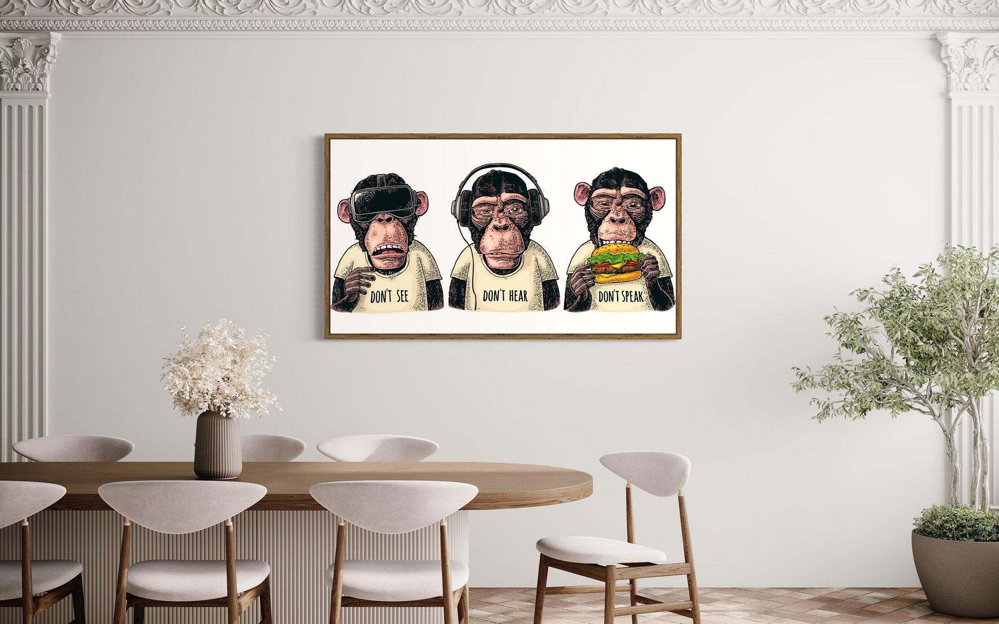 a picture of three monkeys eating a hot dog