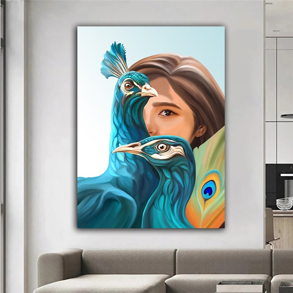 3d Effect Canvas Art, Illustration Canvas Print, Beautiful Girl And Peacocks, Fashion Canvas Print, Peacocks Canvas Art, Women Canvas Art