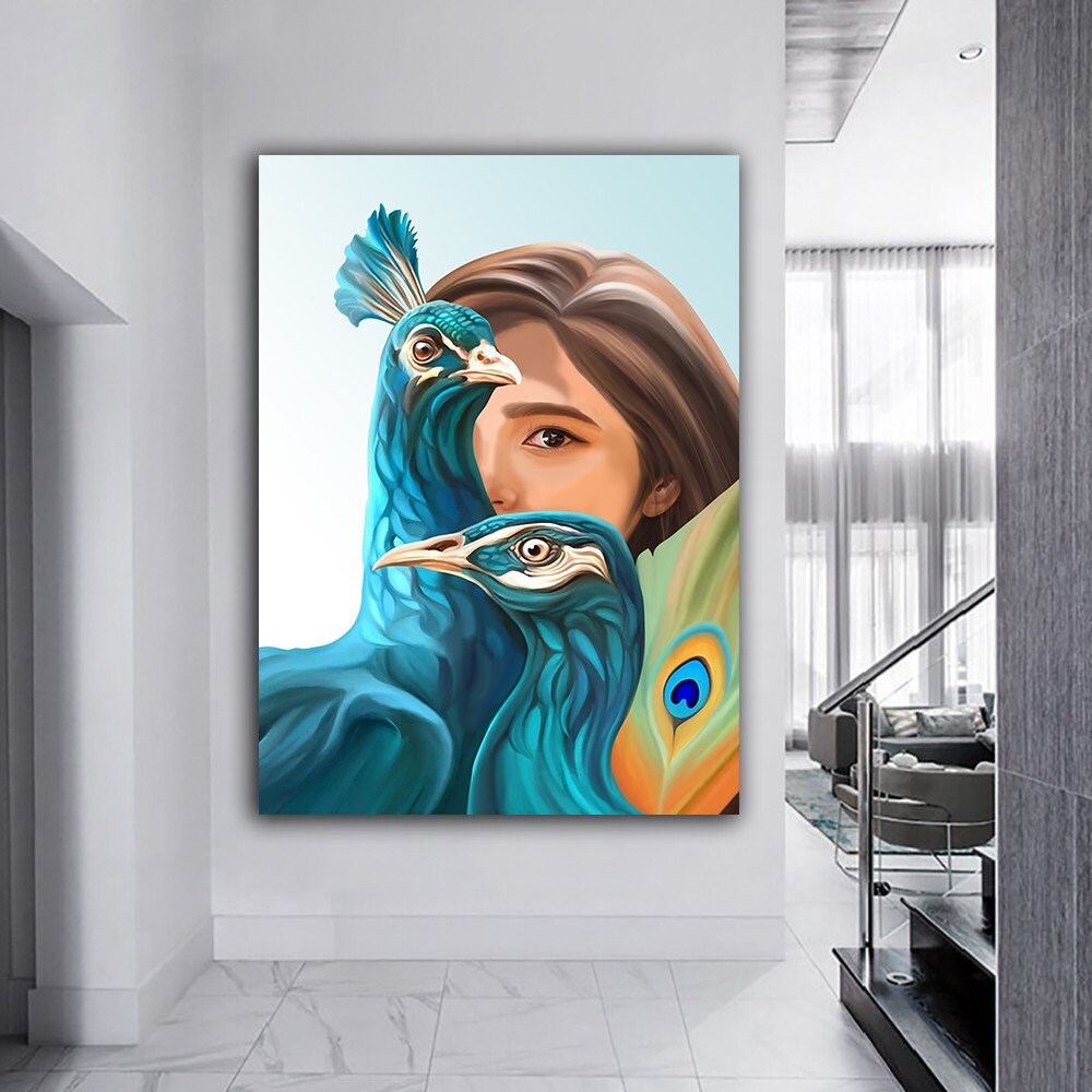 3d Effect Canvas Art, Illustration Canvas Print, Beautiful Girl And Peacocks, Fashion Canvas Print, Peacocks Canvas Art, Women Canvas Art