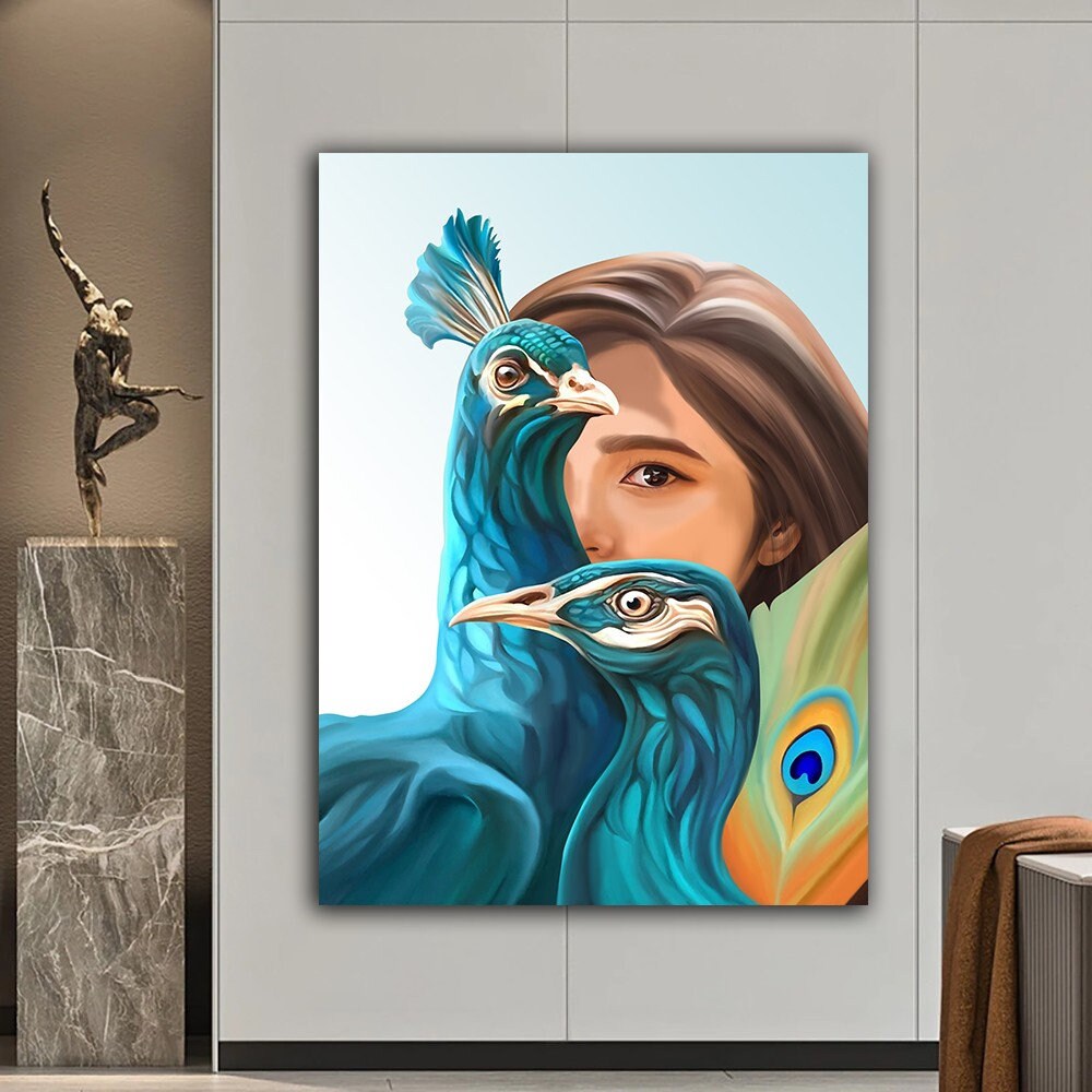 3d Effect Canvas Art, Illustration Canvas Print, Beautiful Girl And Peacocks, Fashion Canvas Print, Peacocks Canvas Art, Women Canvas Art