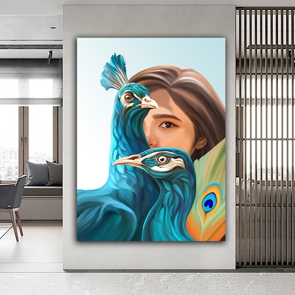 3d Effect Canvas Art, Illustration Canvas Print, Beautiful Girl And Peacocks, Fashion Canvas Print, Peacocks Canvas Art, Women Canvas Art