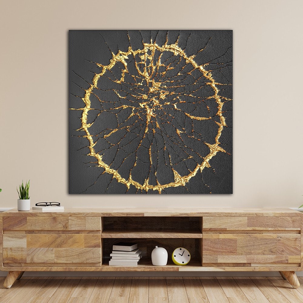 Abstract Canvas Print, Harmony Of Black And Gold, Circle Art Modern Canvas Painting, Abstract Wall Decor, Home Wall Decoration