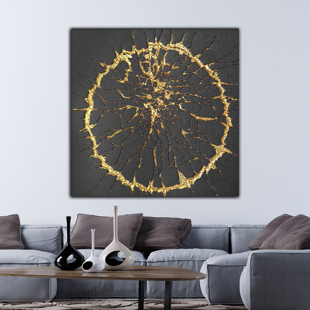 Abstract Canvas Print, Harmony Of Black And Gold, Circle Art Modern Canvas Painting, Abstract Wall Decor, Home Wall Decoration