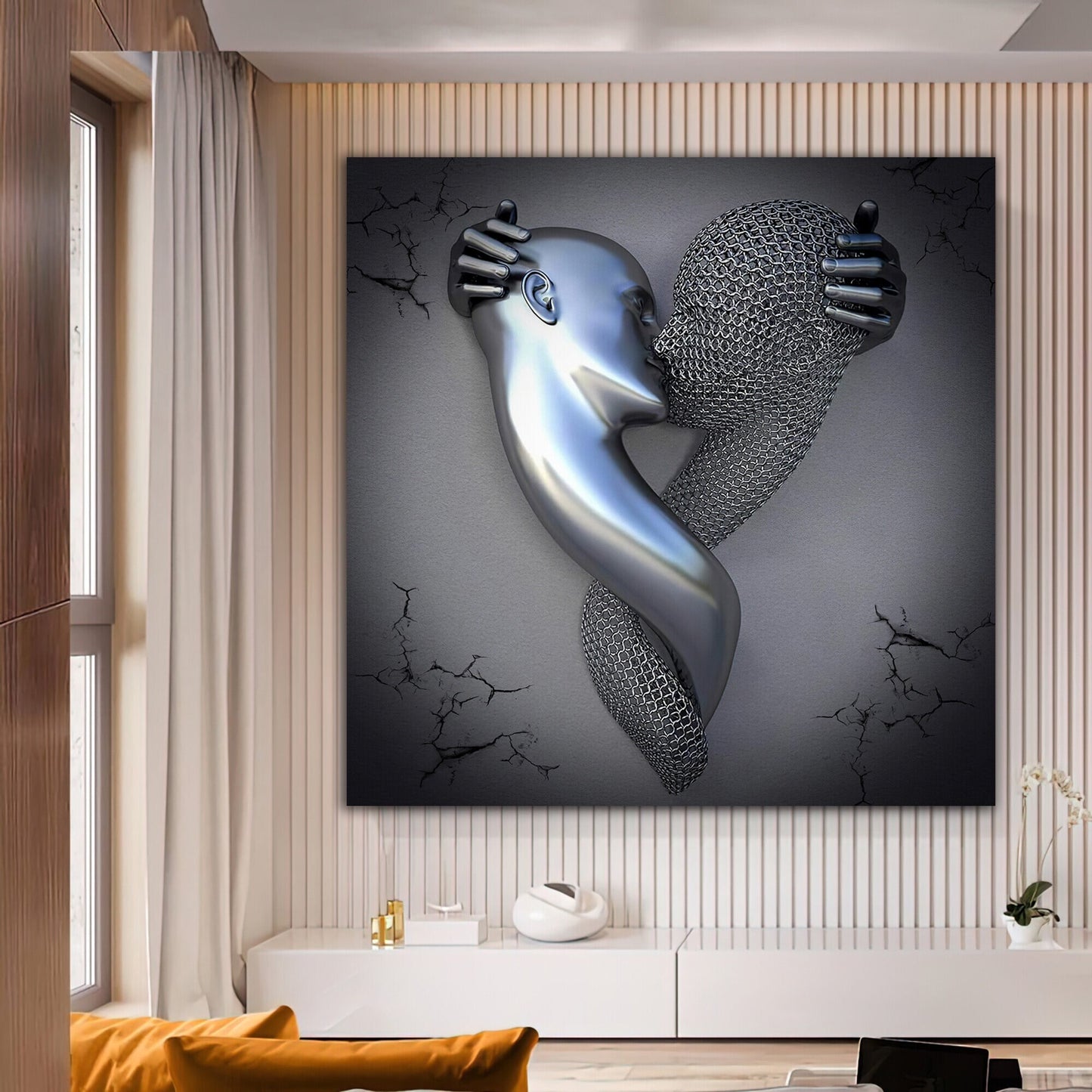 Abstract Romantic Couple Wall Poster, Kissing Couple Canvas Painting, Couple In Love Wall Decoration, Love Art, 3D Effect, Romantic Silver