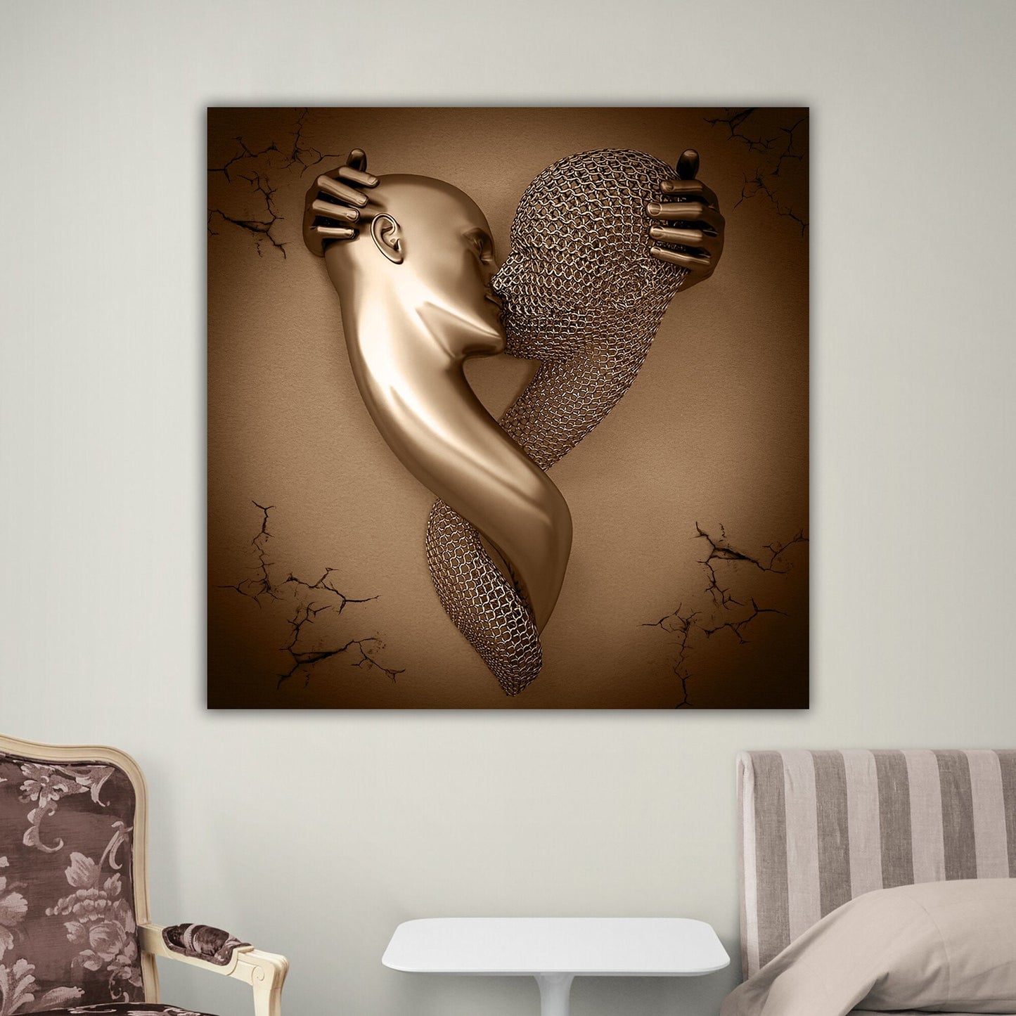 Abstract Romantic Couple Wall Poster, Kissing Couple Canvas Painting, Couple In Love Wall Decoration, Love Art, Romantic Bronze Wall Print