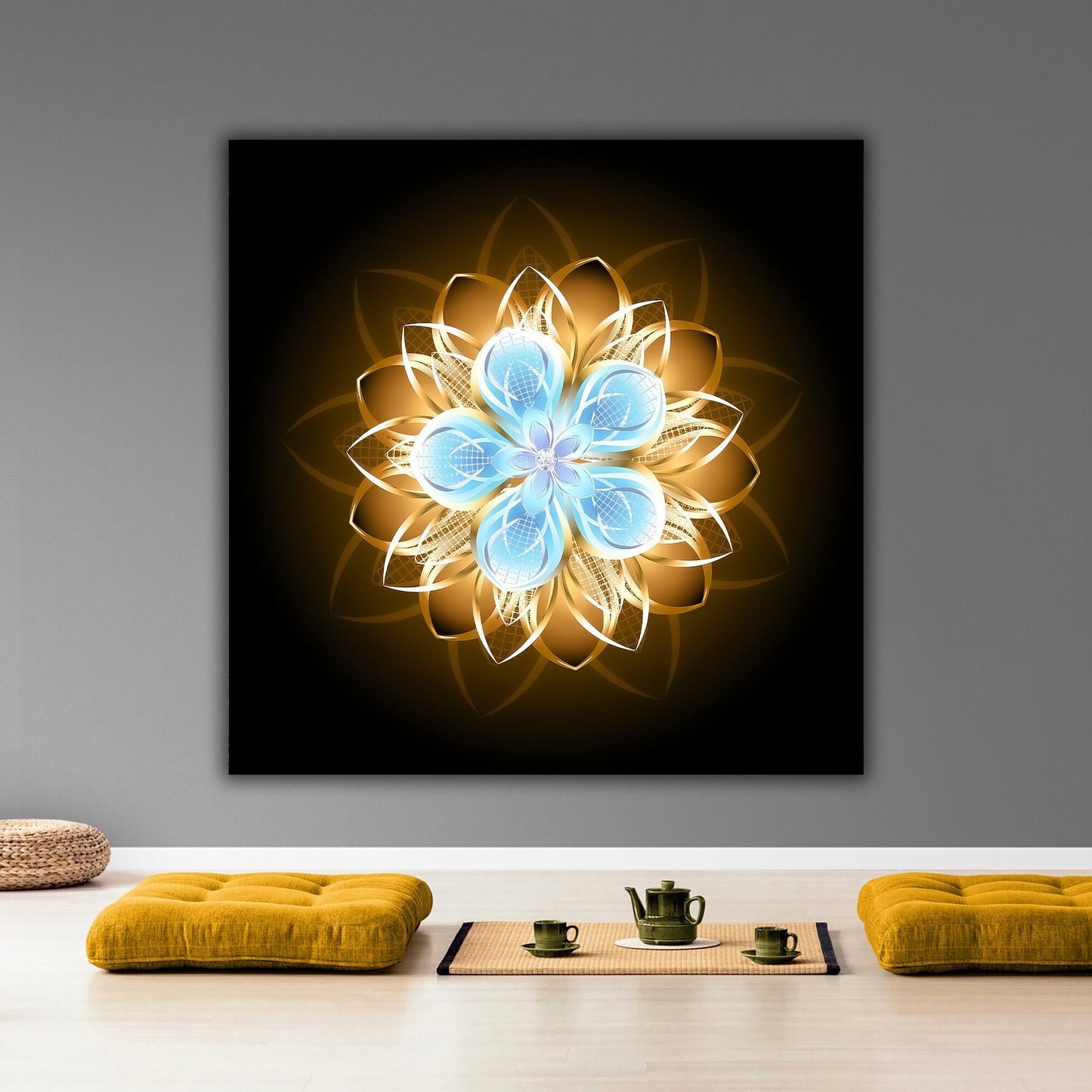 Abstract Turquoise & Gold Lotus Flower Wall Art, Lotus Flower Canvas Print, Modern Floral Decor, Floral Art, Turquoise Flower