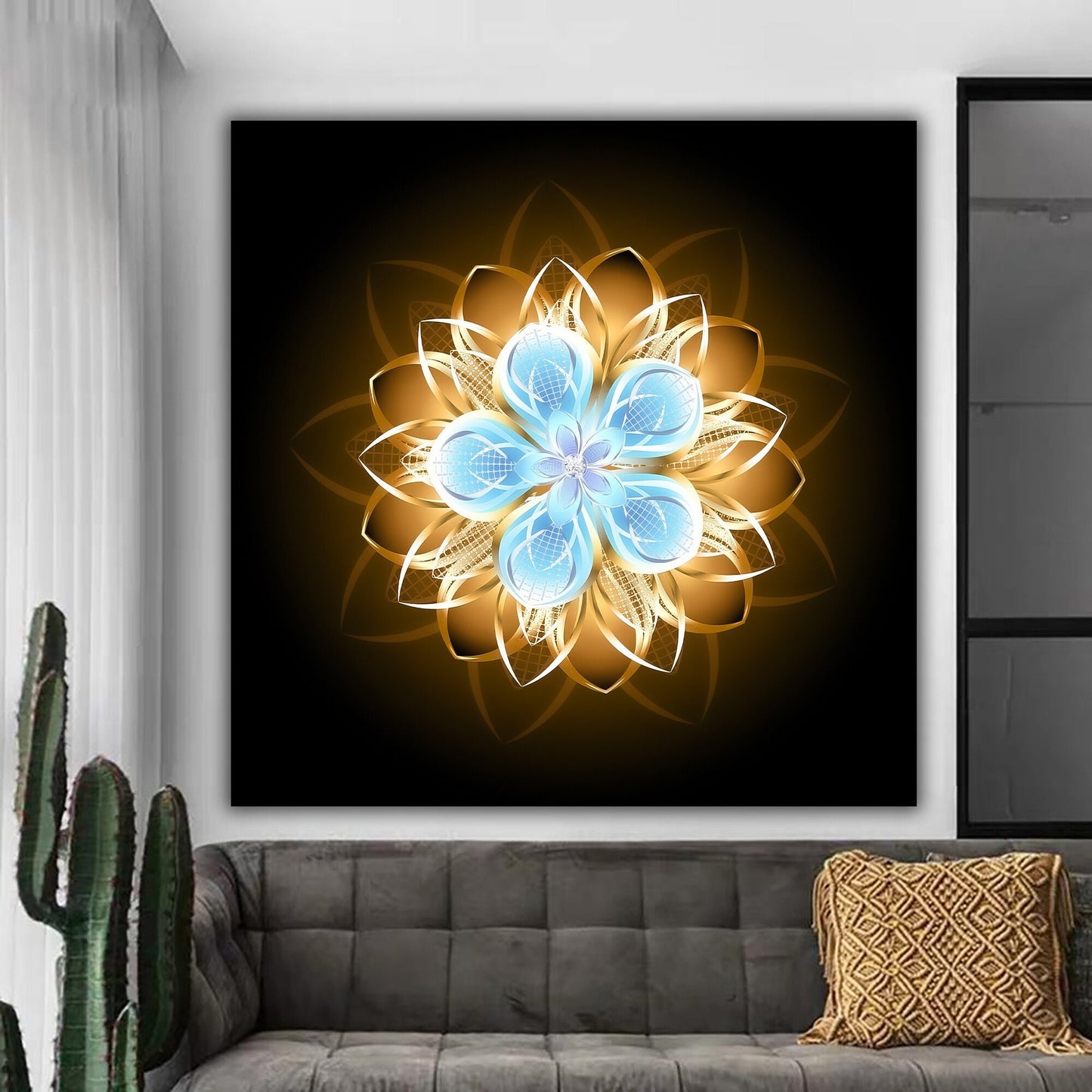 Abstract Turquoise & Gold Lotus Flower Wall Art, Lotus Flower Canvas Print, Modern Floral Decor, Floral Art, Turquoise Flower