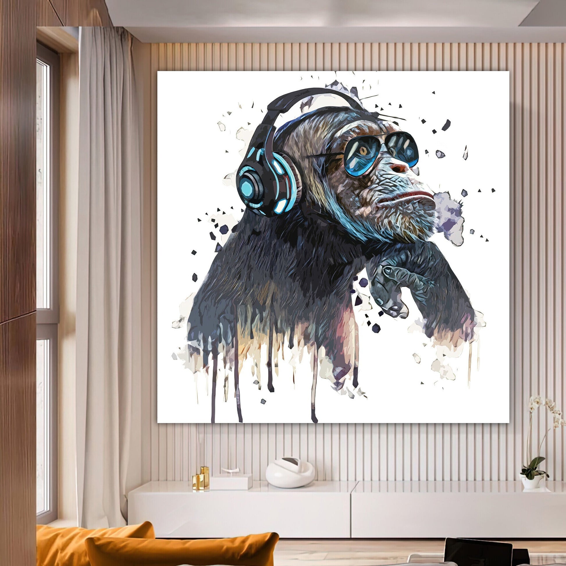 a painting of a monkey wearing headphones
