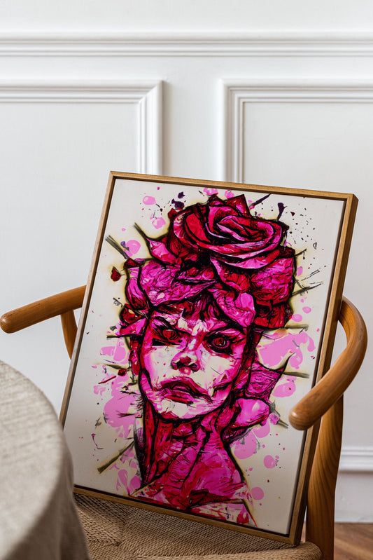 a painting of a woman&#39;s face on a chair