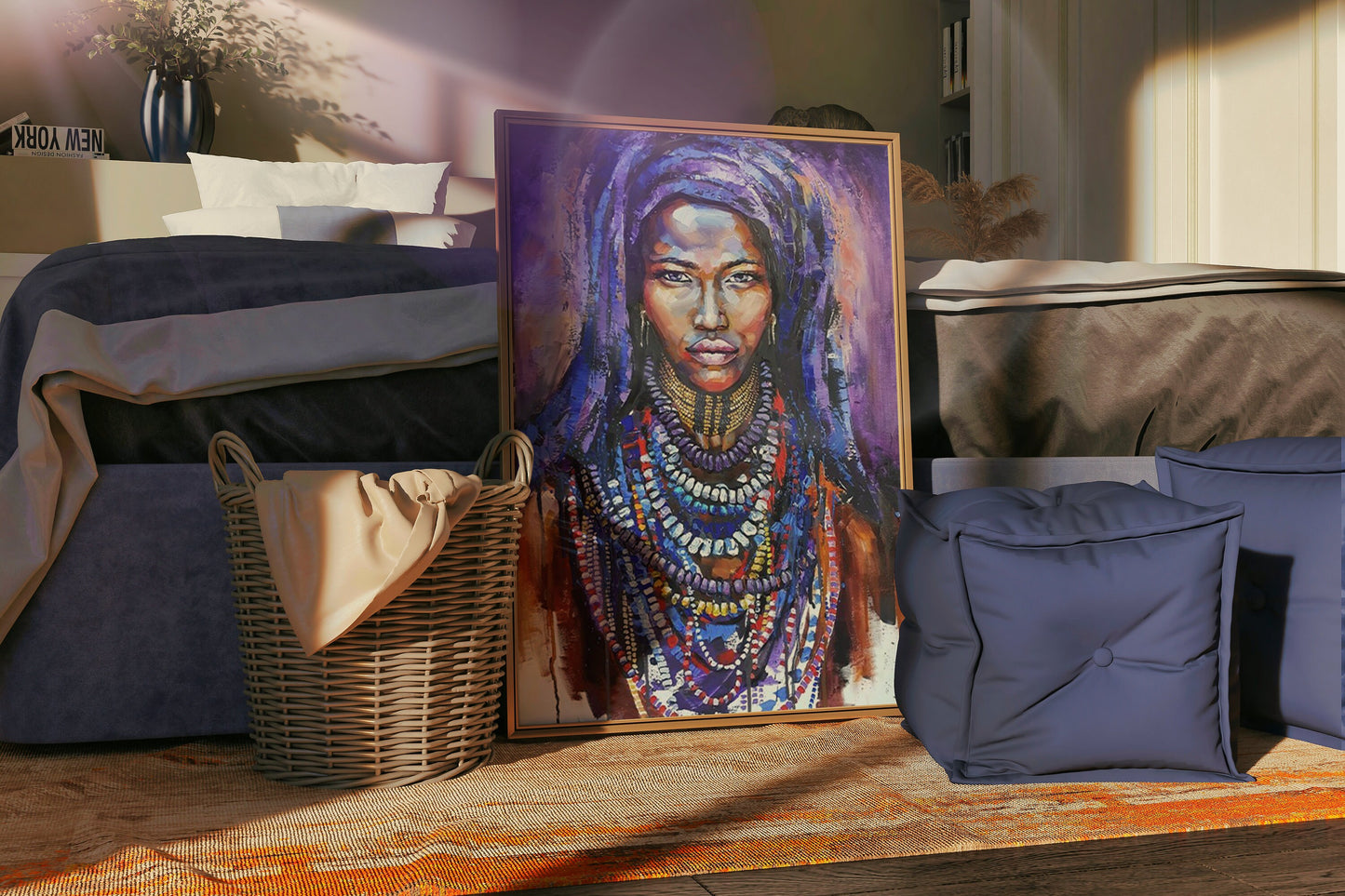 African Woman Art, African Woman Canvas, Blue Accessory,  African American Beauty, Ethnic Canvas Print,Canvas Wall Decor