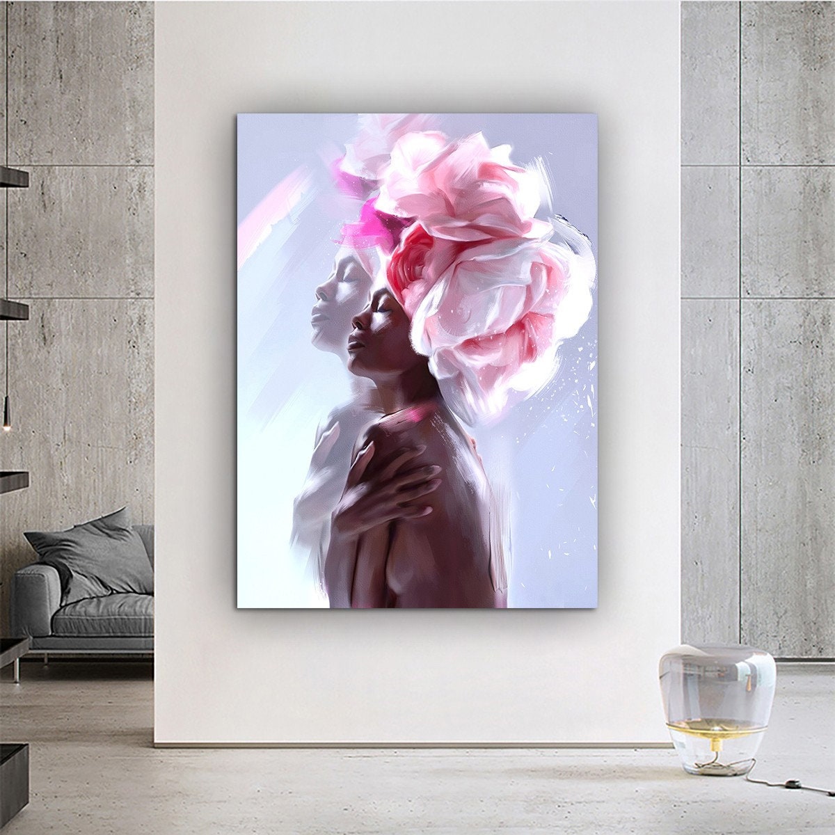 African Woman Canvas Painting, Black Woman Canvas Print, African Woman Painting With Ethnic Woman Art, Rose Head Woman, Flower Canvas