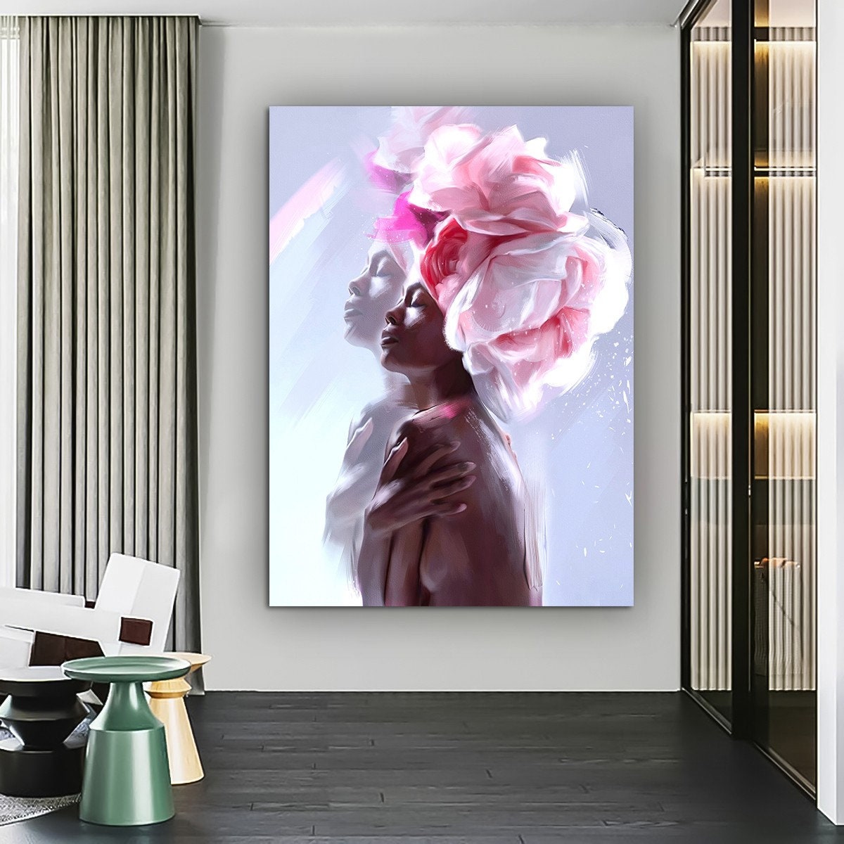 African Woman Canvas Painting, Black Woman Canvas Print, African Woman Painting With Ethnic Woman Art, Rose Head Woman, Flower Canvas