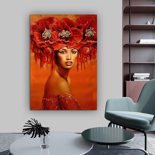 African Woman Canvas Painting, Red Art, Black Woman Canvas Print, African Woman Painting With Ethnic Woman Art, Woman Wall Decor