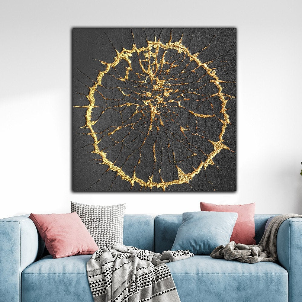 Abstract Canvas Print, Harmony Of Black And Gold, Circle Art Modern Canvas Painting, Abstract Wall Decor, Home Wall Decoration