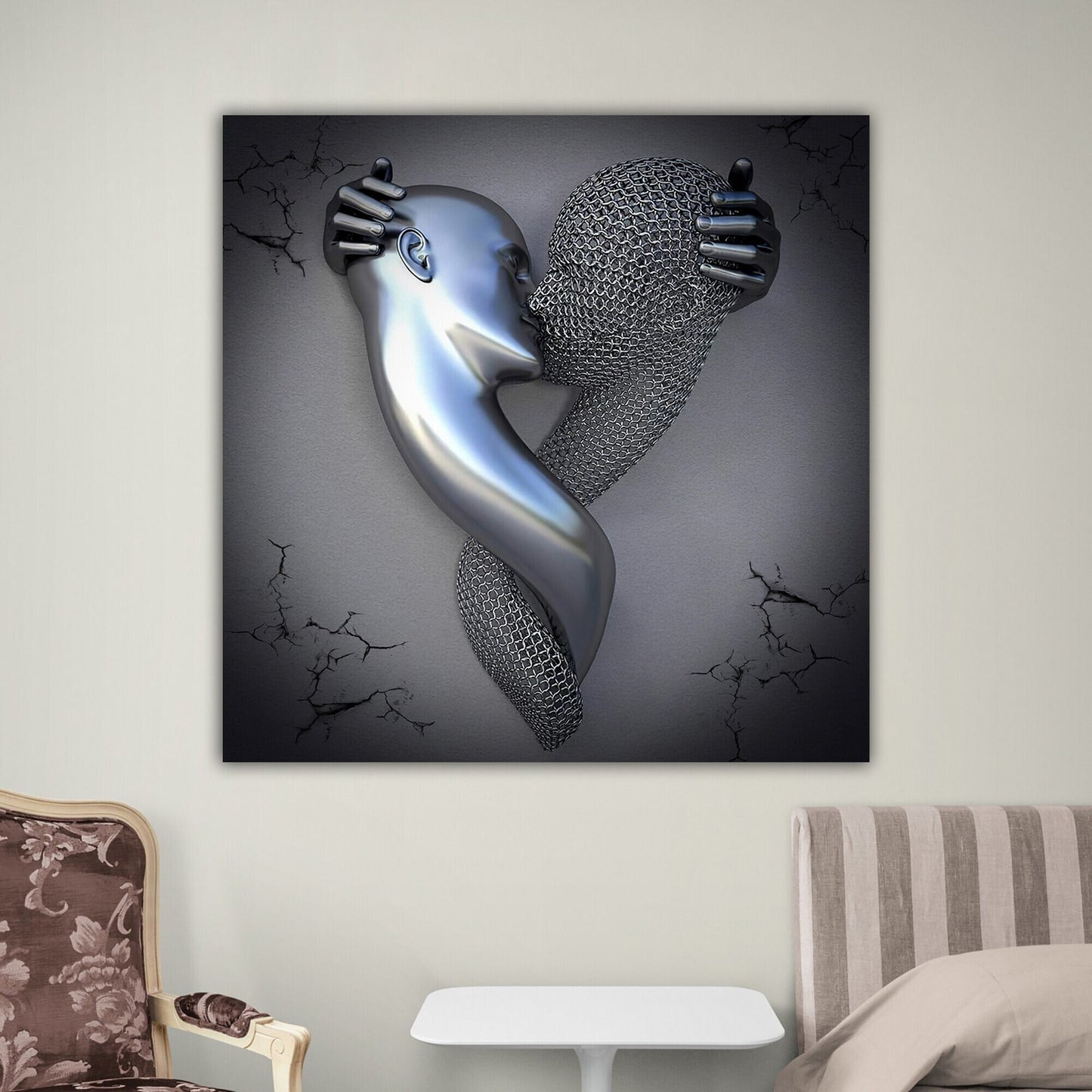 Abstract Romantic Couple Wall Poster, Kissing Couple Canvas Painting, Couple In Love Wall Decoration, Love Art, 3D Effect, Romantic Silver