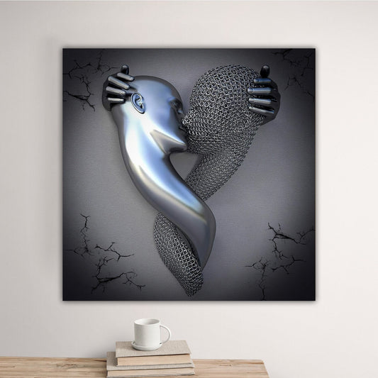 Abstract Romantic Couple Wall Poster, Kissing Couple Canvas Painting, Couple In Love Wall Decoration, Love Art, 3D Effect, Romantic Silver