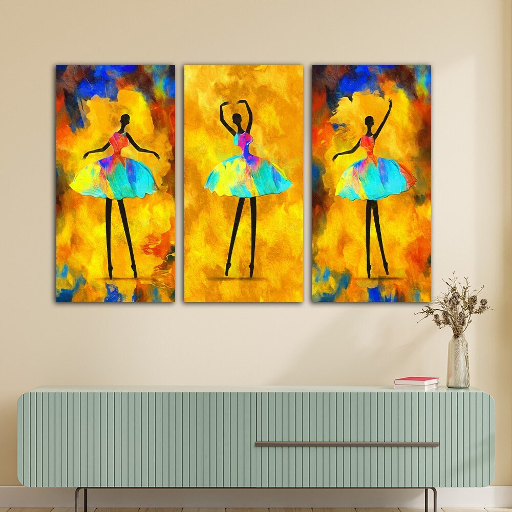 two paintings of a woman in a colorful dress