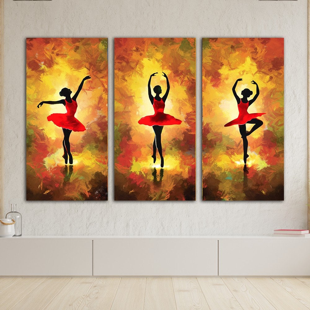 three paintings of a ballerina in red and yellow