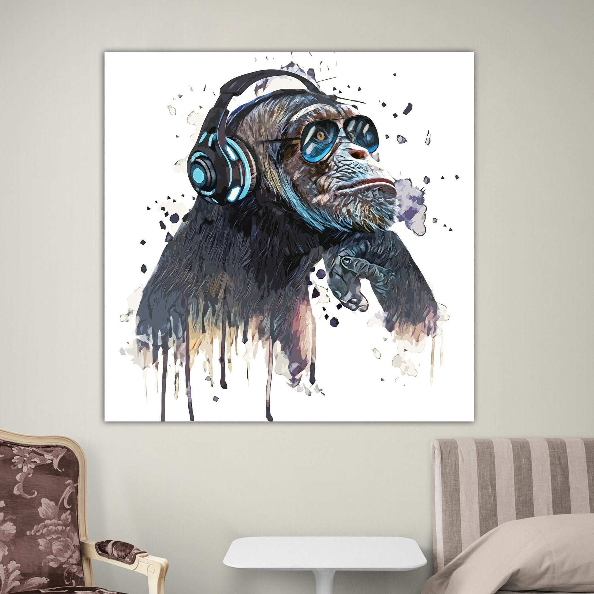 a painting of a monkey wearing headphones
