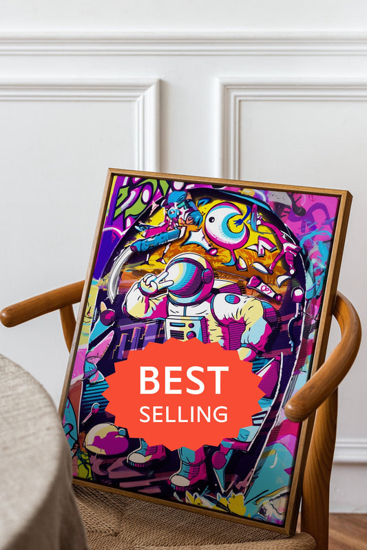 a wooden chair with a colorful painting on it